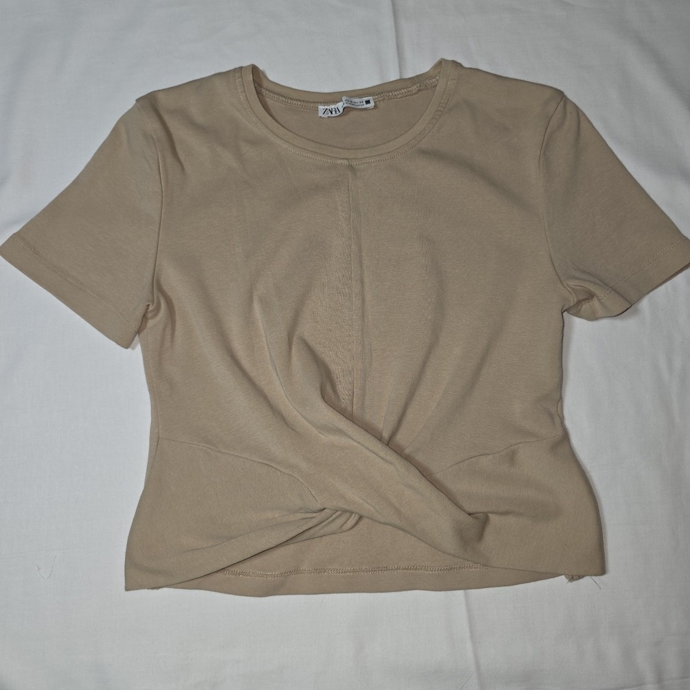 ZARA Tan Short Sleeve Cropped Cotton Blend Top with Front Knot Accent Medium